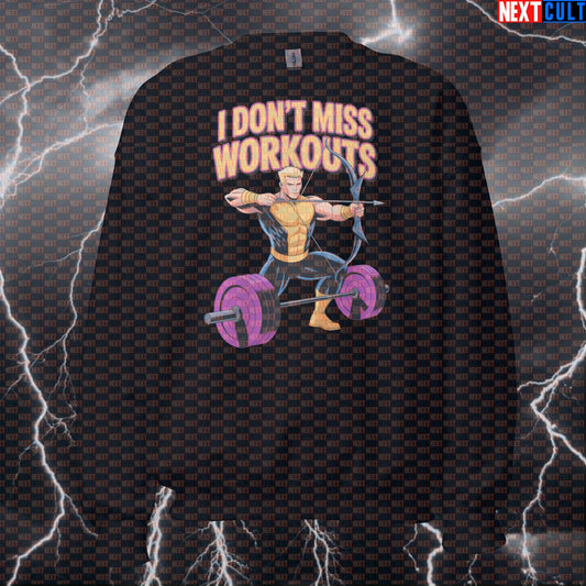 I Don’t Miss Workouts Funny Gym Sweatshirt Crewneck Pump Cover Pullover Sweater for Lifters Hawkeye Fans Avengers Bodybuilding Films Fitness Gym Hawkeye Powerlifting Pump Cover Superheroes Workout Next Cult Brand
