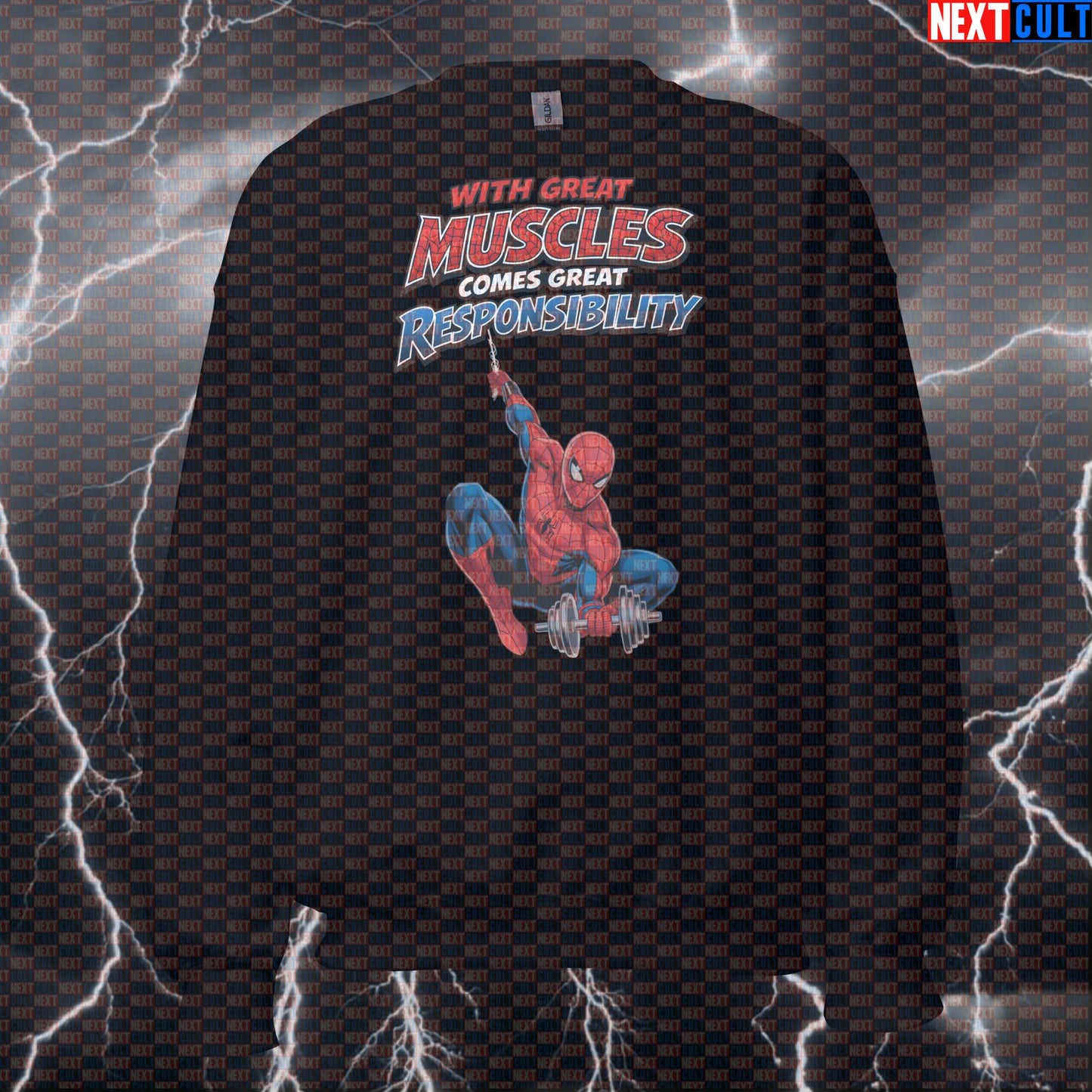 With Great Muscles Comes Great Responsibility Spider-Man Funny Gym Sweatshirt Workout Sweatshirt Bodybuilding Powerlifting Fitness Meme Sweatshirts Next Cult Brand