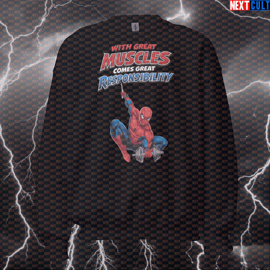 With Great Muscles Comes Great Responsibility Spider-Man Funny Gym Sweatshirt Workout Sweatshirt Bodybuilding Powerlifting Fitness Meme Sweatshirts Next Cult Brand