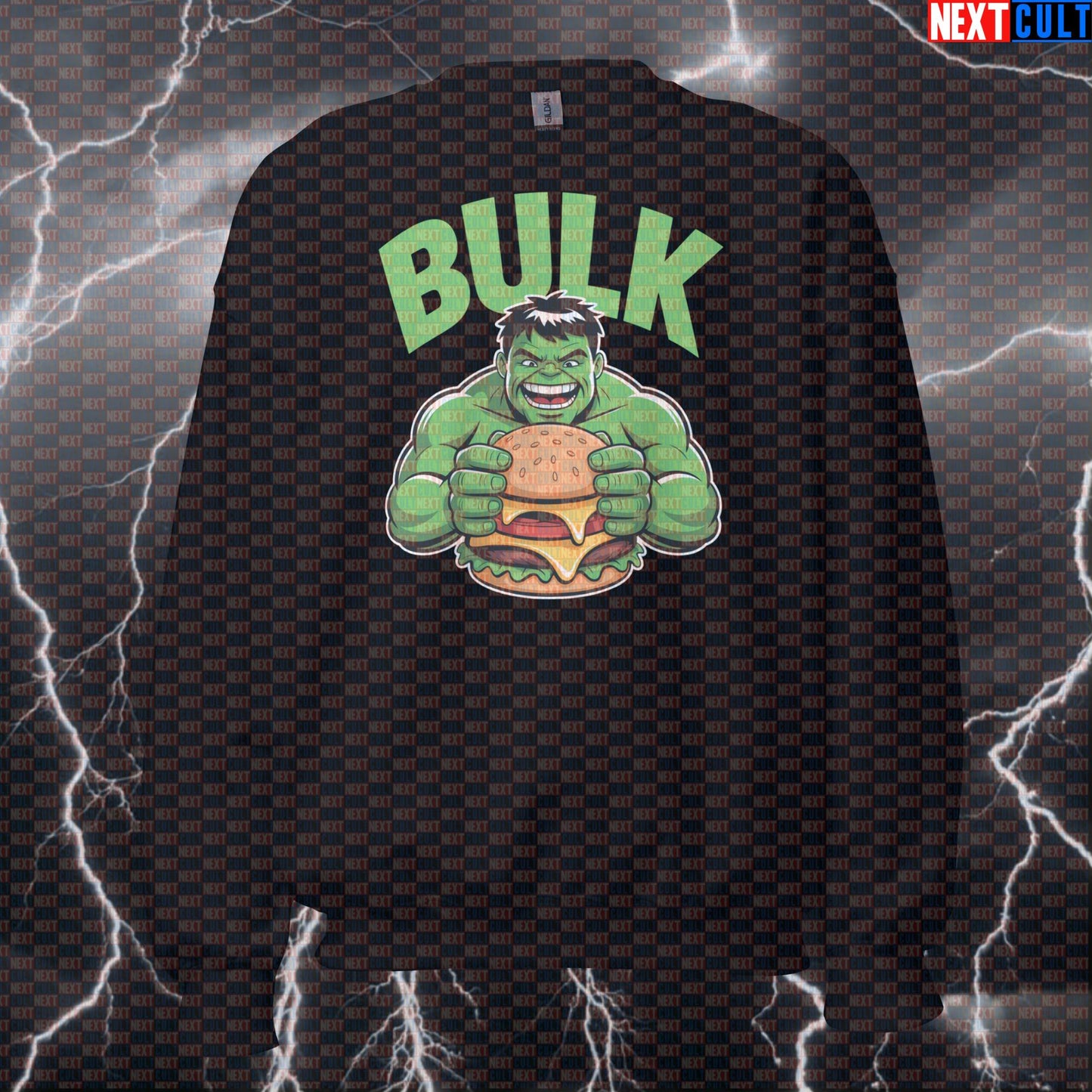 Hulk Bulk Fast Food Gym Sweatshirt Pump Cover Crewneck Pullover Funny Workout Sweater Jumper Top for Lifters Avengers Bodybuilding Bulking Fast Food Films Fitness Gym Hulk Pump Cover Superheroes Workout Next Cult Brand