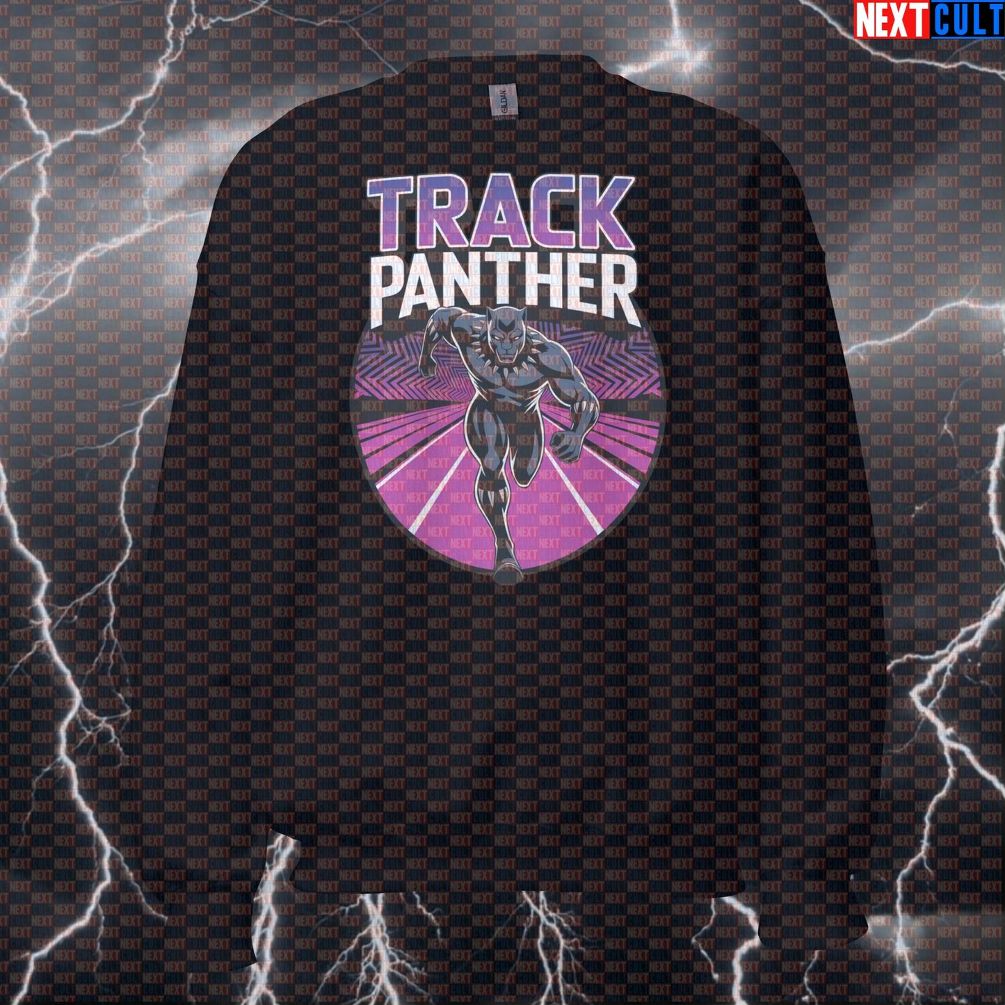 Track Panther Funny Gym Sweatshirt Pump Cover Crewneck Pullover for Running Workout Fans Black Panther Track Vibes Avengers Black Panther Cardio Films Fitness Gym Pump Cover Superheroes Workout Next Cult Brand