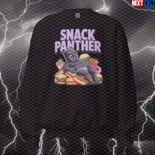 Snack Panther Funny Gym Sweatshirt Bulking Superhero Pump Cover Crewneck Pullover Workout Sweater Top Avengers Black Panther Bulking Fast Food Films Fitness Gym Pump Cover Superheroes Workout Next Cult Brand
