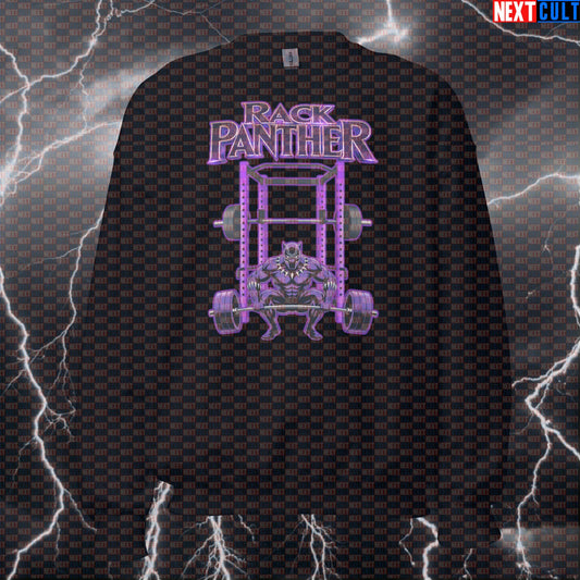 Rack Panther Black Panther Funny Gym Sweatshirt Workout Sweatshirt Squat Rack Bodybuilding Powerlifting Fitness Meme Avengers Black Panther Bodybuilding Films Fitness Gym Powerlifting Pump Cover Superheroes Workout Next Cult Brand