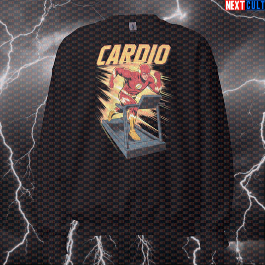 Cardio Speed Superhero Gym Sweatshirt Funny Treadmill Runner Crewneck Pullover Pump Cover Workout Sweater Top Sweatshirts Cardio Films Fitness Flash Gym Justice League Pump Cover Superheroes Workout Next Cult Brand