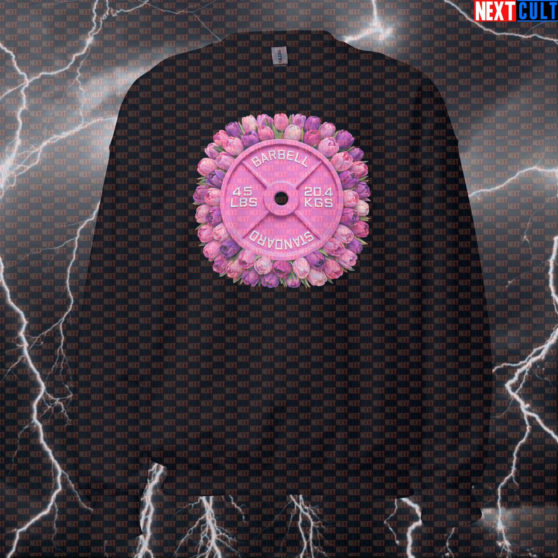 Tulips & Weights Pink 45LB Plate Funny Gym Sweatshirt Spring Floral Fitness Barbell Workout Sweatshirt Sweatshirts Next Cult Brand