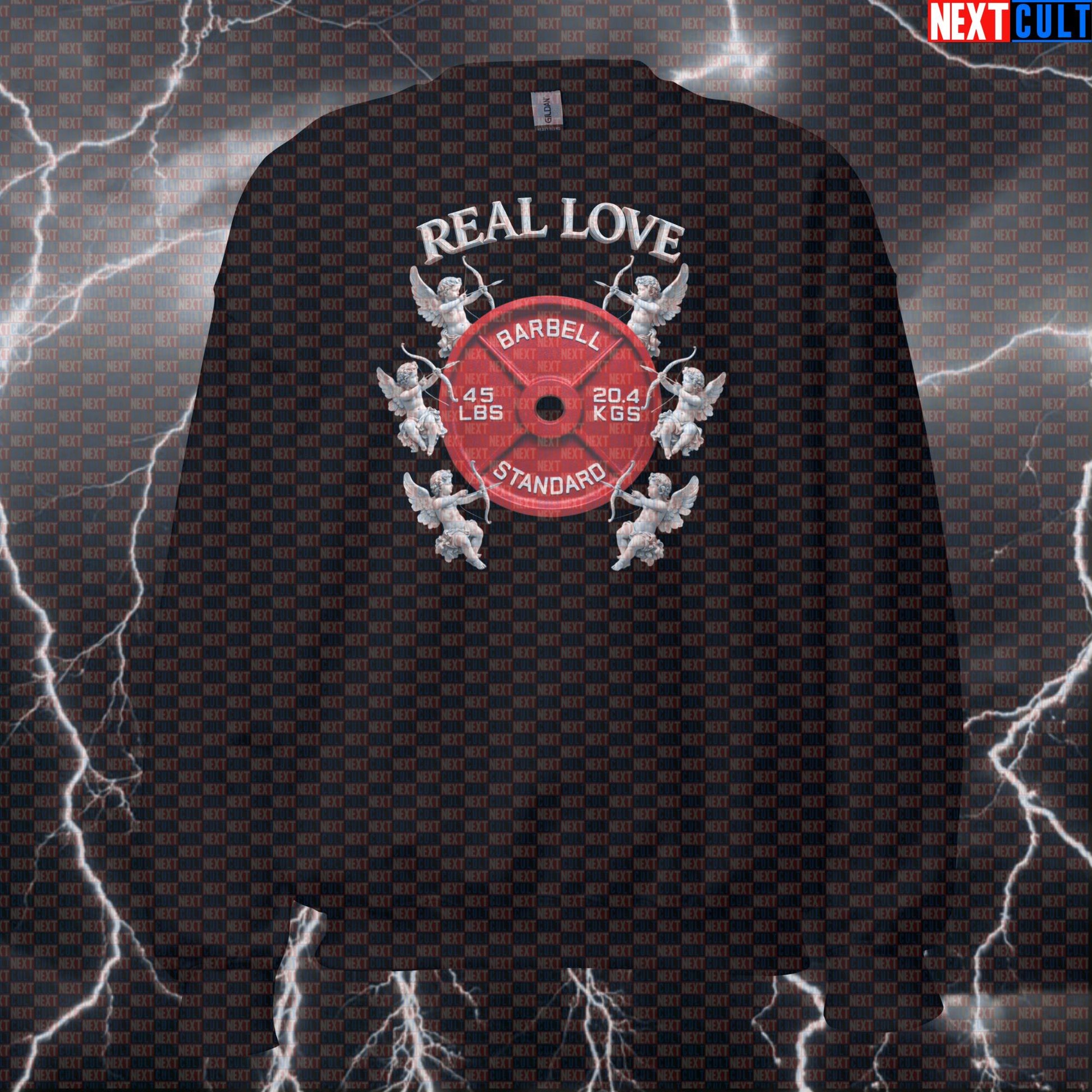 Real Love Valentine’s Day & Weights 45LB Plate Cupid Funny Gym Sweatshirt Romantic Fitness Crewneck Sweatshirts Next Cult Brand