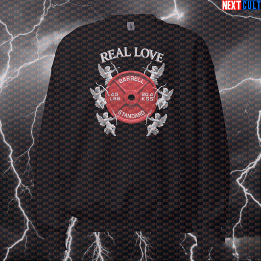 Real Love Valentine’s Day & Weights 45LB Plate Cupid Funny Gym Sweatshirt Romantic Fitness Crewneck Sweatshirts Next Cult Brand
