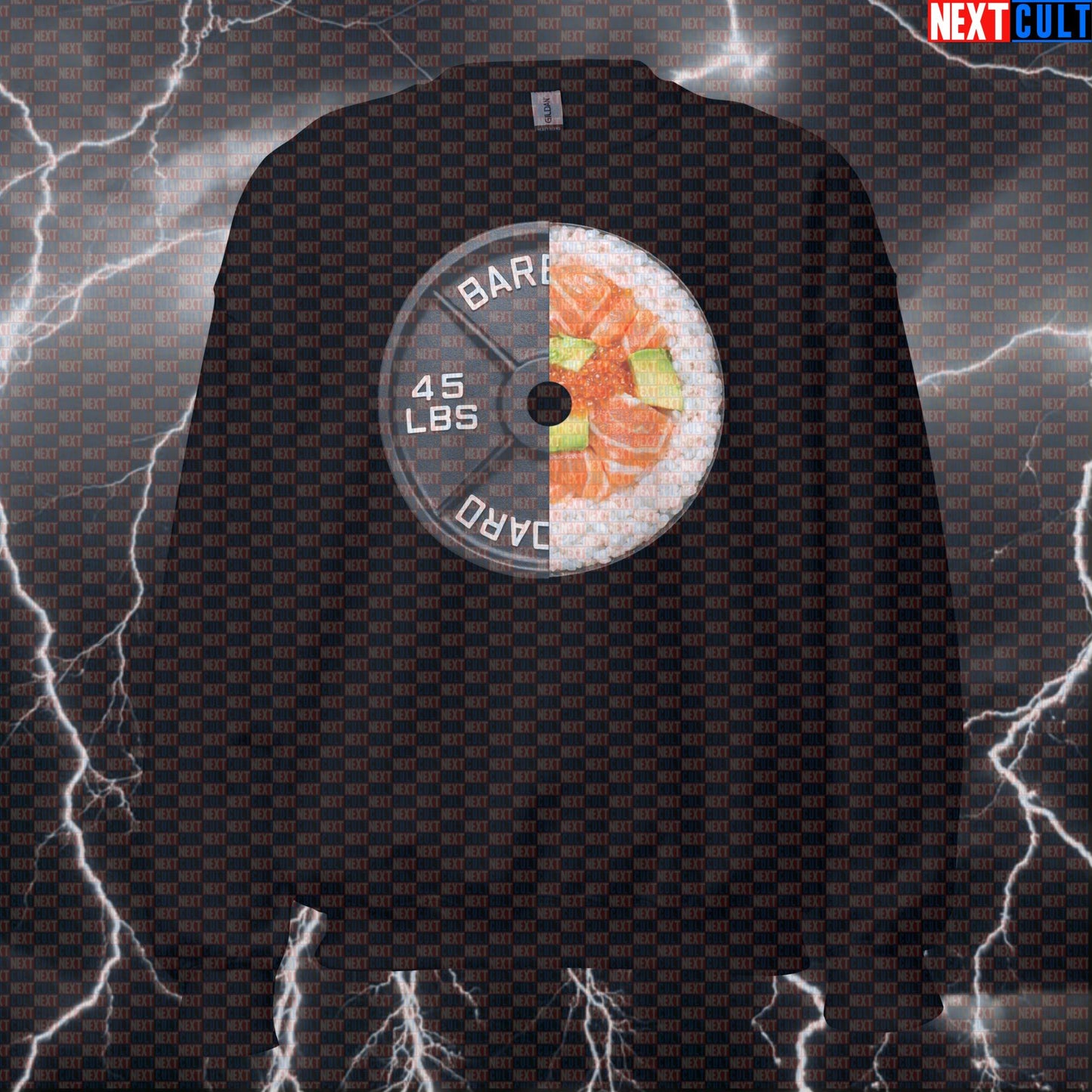 Sushi Weight Plate Funny Gym Sweatshirt 45LB Plate Sushi & Weights Workout Sweatshirt Crewneck Sweatshirts Next Cult Brand
