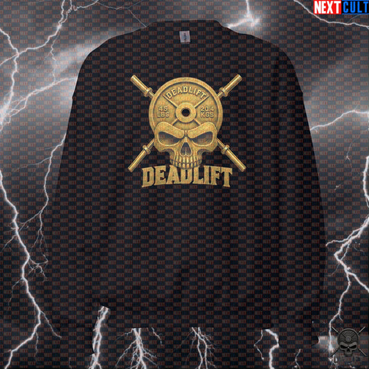 Deadlift Skull Gym Sweatshirt Gold Heavy Metal Crewneck for Powerlifting Fans Sweatshirts Next Cult Brand
