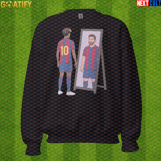 Lamine Yamal Sweatshirt – Next Messi Mirror Meme Crewneck for Spain Soccer Supporters Black Sweatshirts Next Cult Brand
