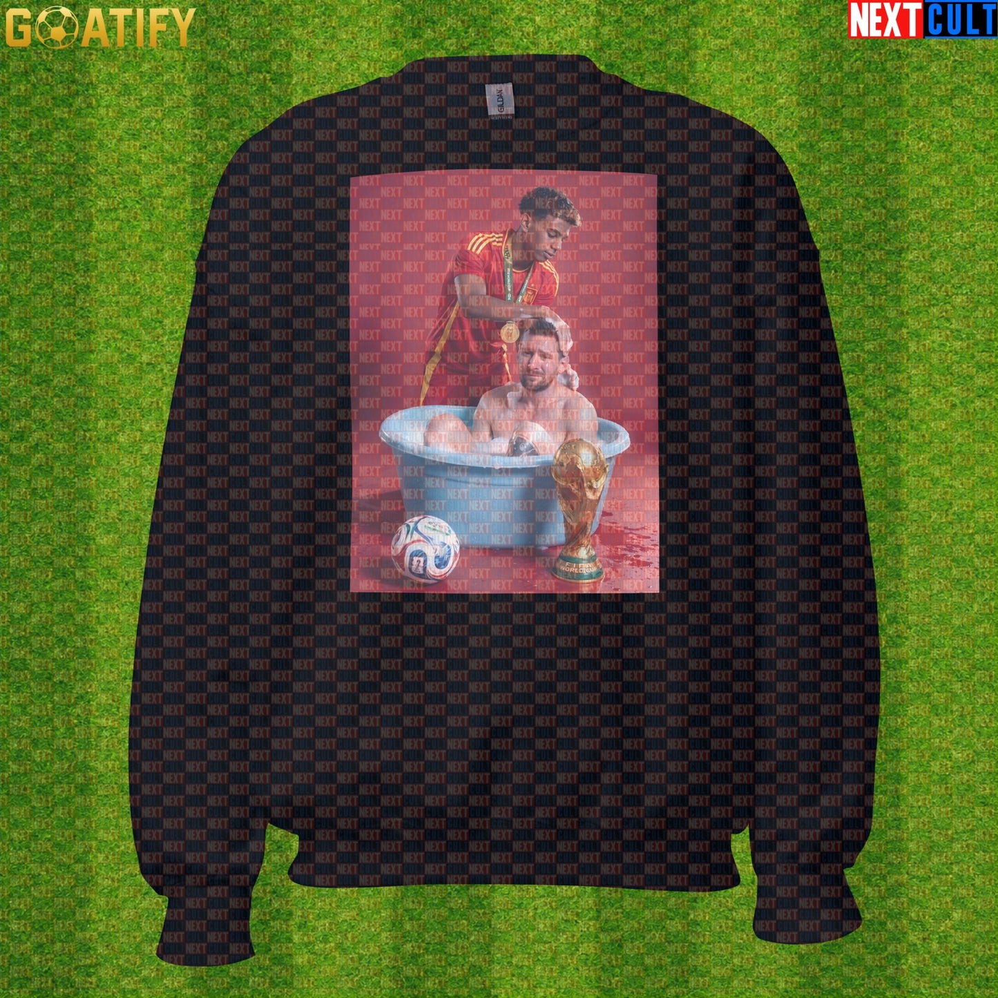 Lamine Yamal Sweatshirt – Reversed Messi Bath Meme Crewneck for Spain Football Fans |  | ["Argentina", "Barcelona", "Football", "Lamine Yamal", "Lionel Messi", "Soccer", "Spain"]
