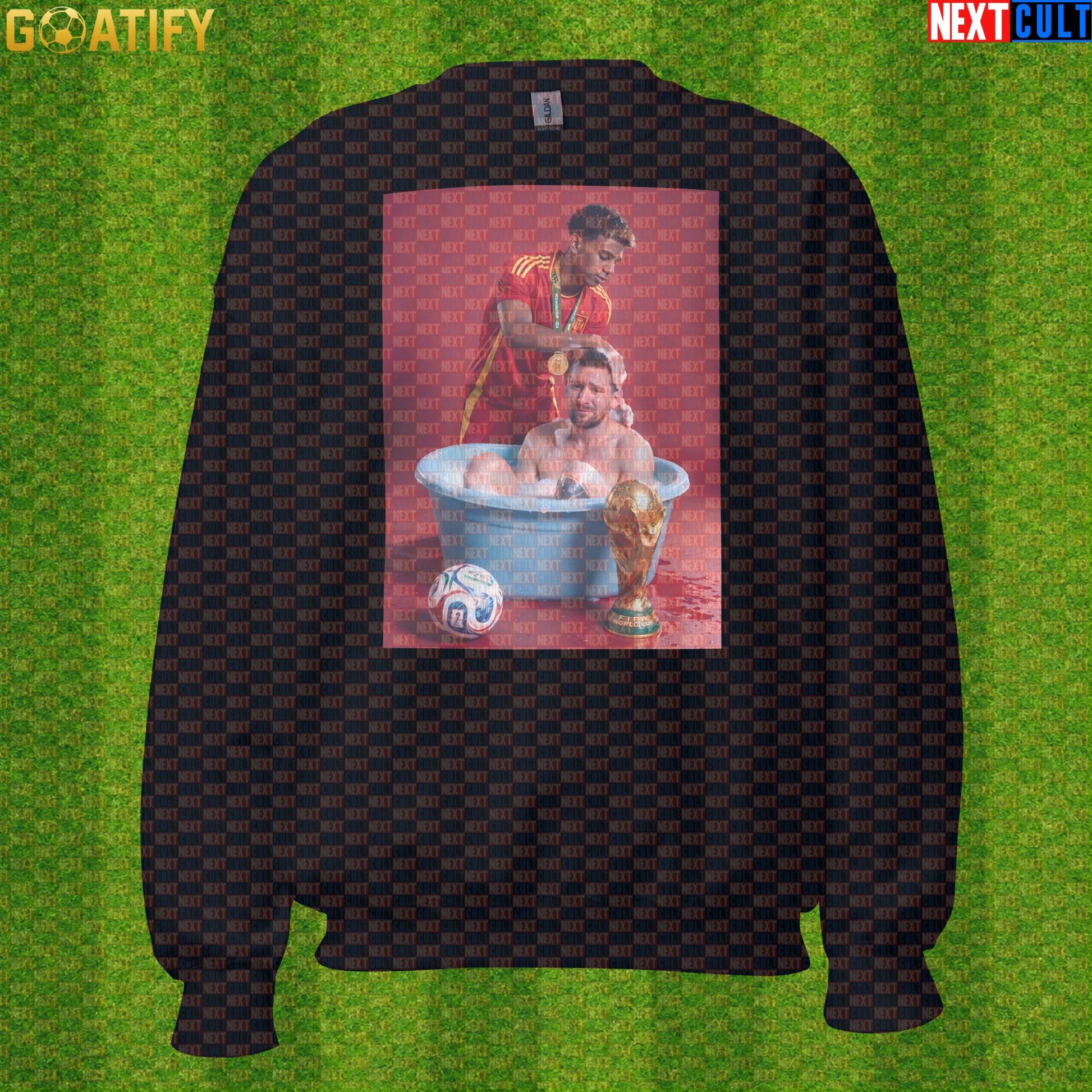 Lamine Yamal Sweatshirt – Reversed Messi Bath Meme Crewneck for Spain Football Fans |  | ["Argentina", "Barcelona", "Football", "Lamine Yamal", "Lionel Messi", "Soccer", "Spain"]
