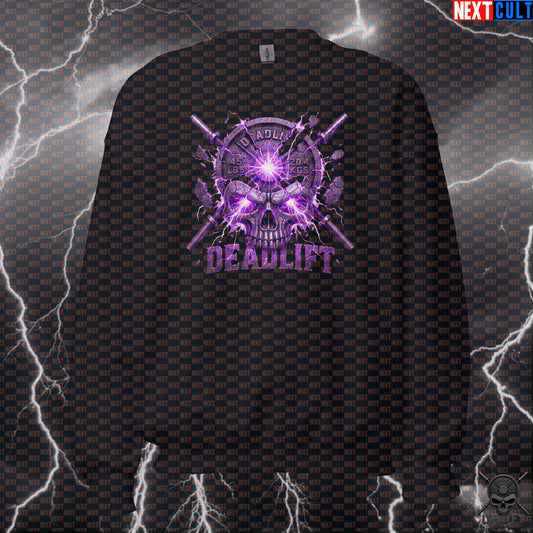 Deadlift Sweatshirt Purple Skull Crewneck for Powerlifters Hardcore Gym Workout Gift | Sweatshirts | ["Bodybuilding", "Fitness", "Gym", "Hardcore", "Leg Day", "NCB", "Powerlifting", "Pump Cover", "Workout"]