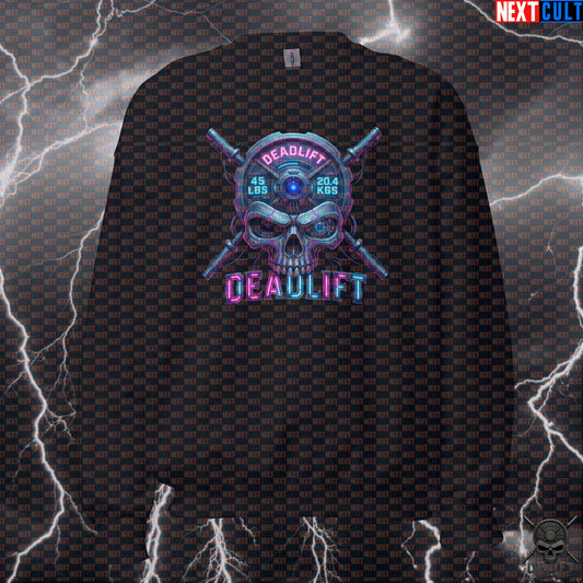 Deadlift Sweatshirt Cyberpunk Skull Gym Crewneck for Powerlifters, Tech Fitness Gift | Sweatshirts | ["Bodybuilding", "Fitness", "Gym", "Leg Day", "NCB", "Powerlifting", "Pump Cover", "Workout"]