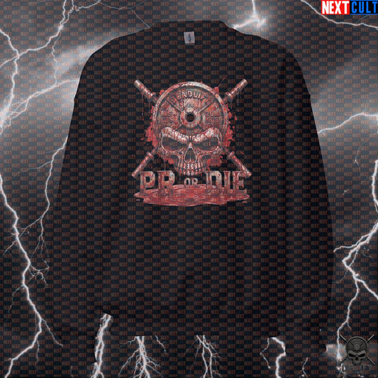 Deadlift Sweatshirt PR or Die Skull Graphic for Lifters, Hardcore Halloween Gym Gift Sweatshirts Next Cult Brand