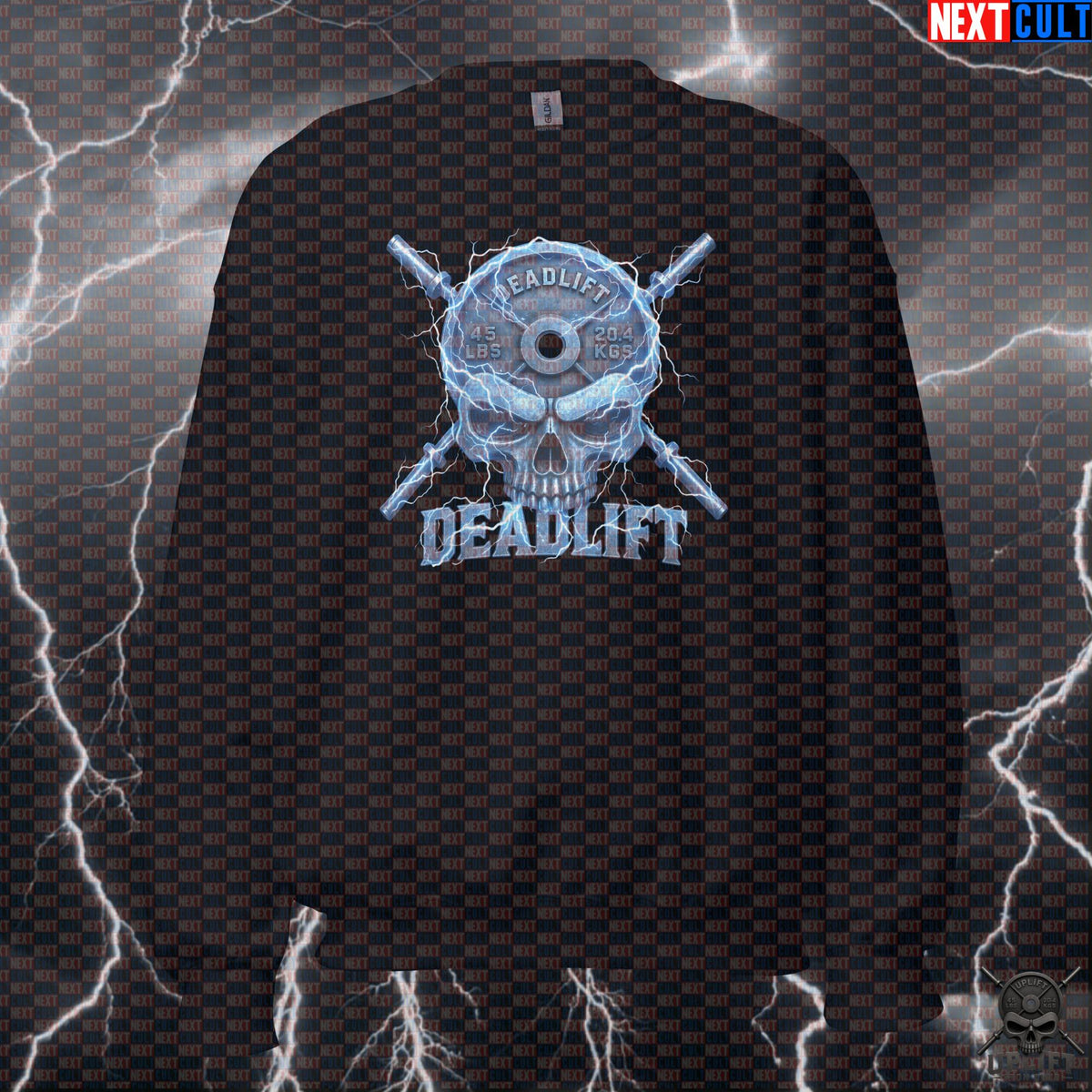 Deadlift Sweatshirt Electric Skull Graphic for Lifters, Hardcore Gym Pullover Gift | Sweatshirts | ["Bodybuilding", "Fitness", "Gym", "Hardcore", "Leg Day", "NCB", "Powerlifting", "Pump Cover", "Workout"]