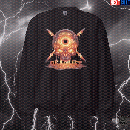 Deadlift Sweatshirt Fiery Skull Graphic for Lifters, Hardcore Fitness Pullover Gift Sweatshirts Next Cult Brand