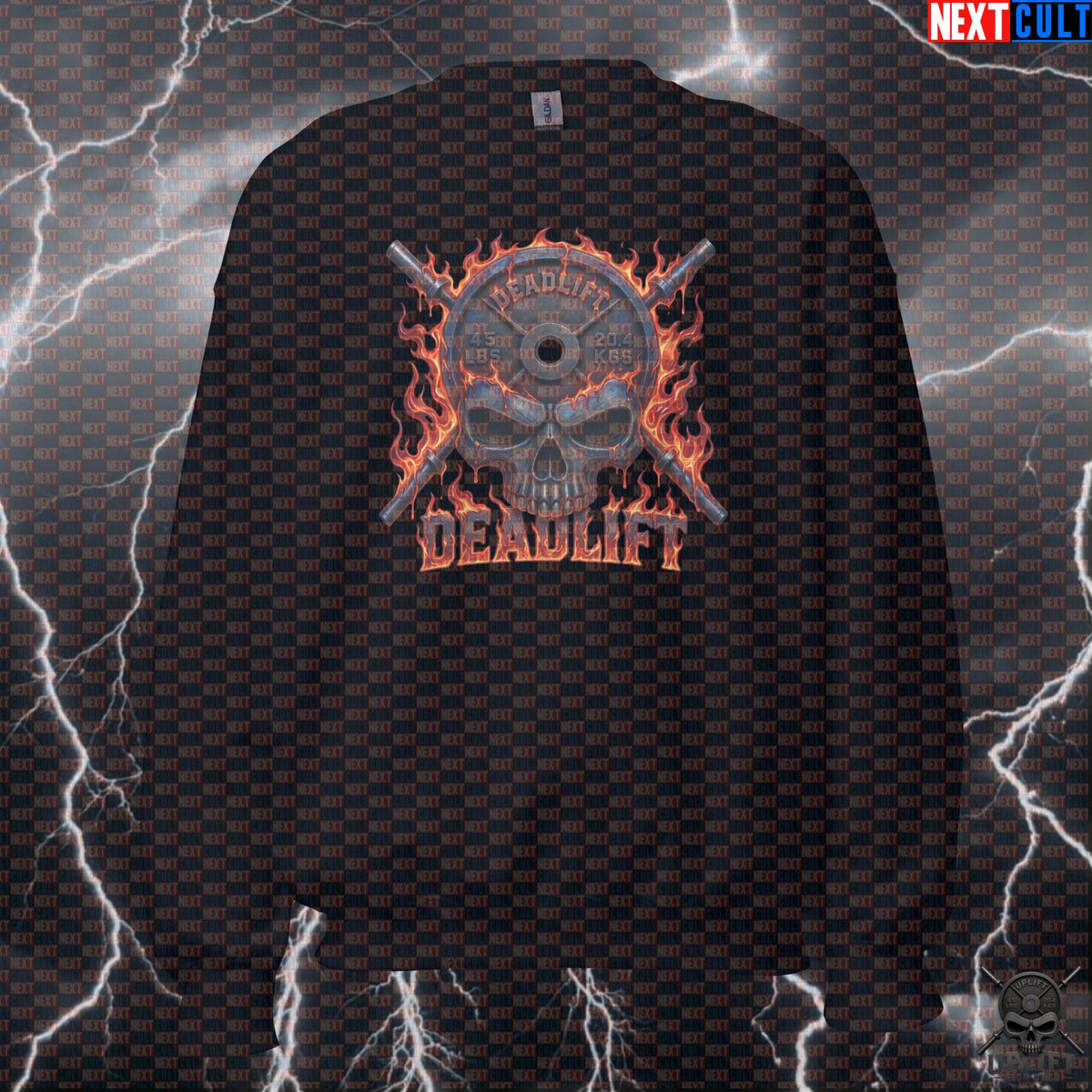 Deadlift Sweatshirt Hellfire Skull Graphic for Lifters, Hardcore Fitness Pullover Gift | Sweatshirts | ["Bodybuilding", "Fitness", "Gym", "Hardcore", "Leg Day", "NCB", "Powerlifting", "Pump Cover", "Workout"]