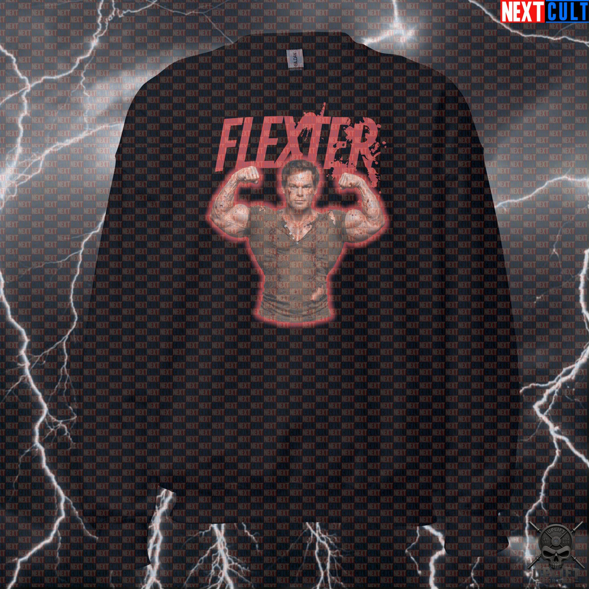 Flexter Sweatshirt Horror Gym Parody for Bodybuilders, Lifters and Dark Fitness Fans | Sweatshirts | ["Bodybuilding", "Dexter", "Fitness", "Gym", "Halloween", "NCB", "Pump Cover", "TV", "Workout"]