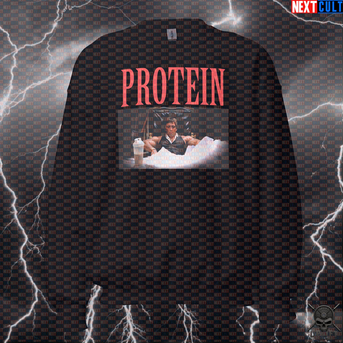 Protein Sweatshirt Miami Gym Meme for Bodybuilders, Lifters & Movie Buffs | Sweatshirts | ["Bodybuilding", "Films", "Fitness", "Gym", "NCB", "Protein", "Pump Cover", "Scarface", "Workout"]