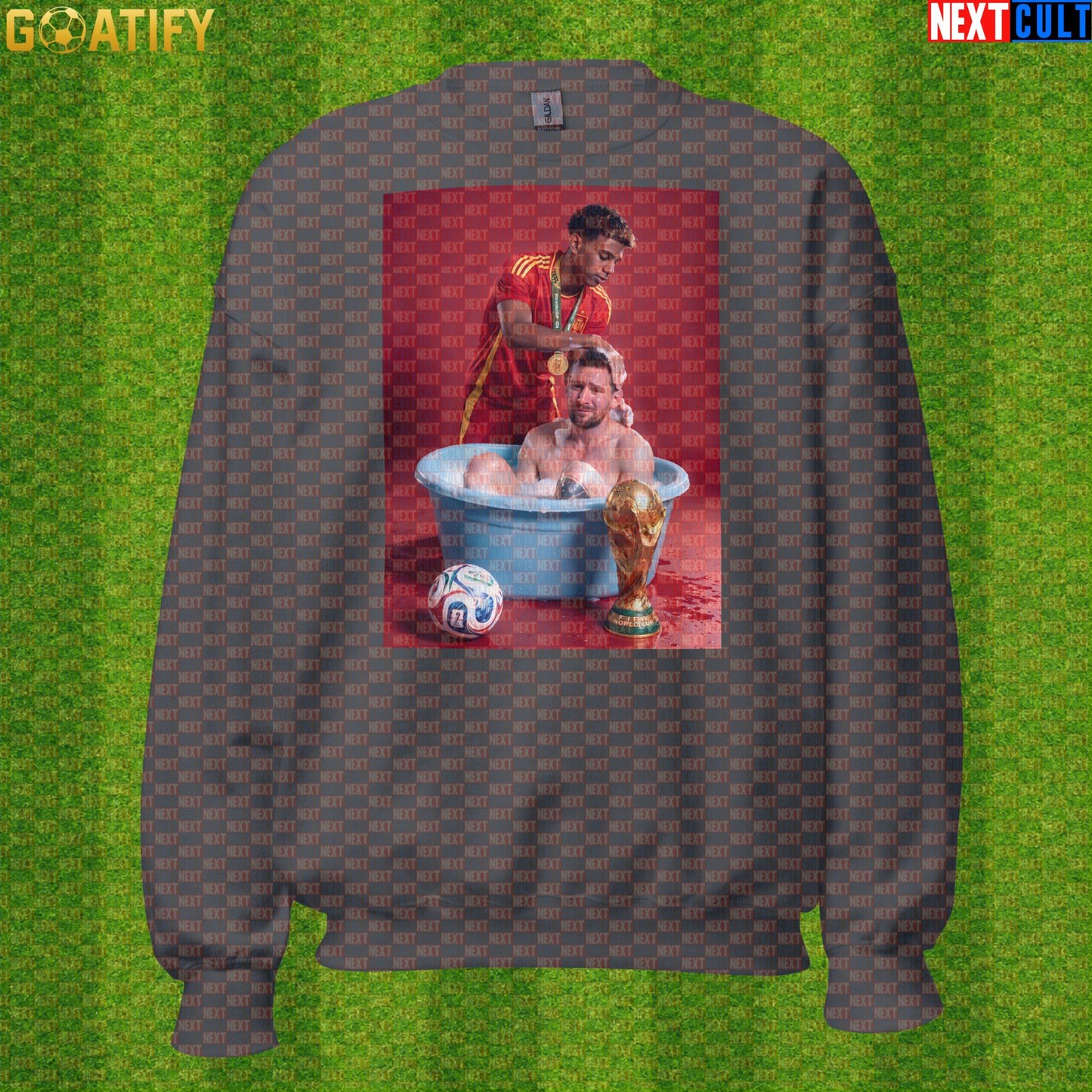 Lamine Yamal Sweatshirt – Reversed Messi Bath Meme Crewneck for Spain Football Fans |  | ["Argentina", "Barcelona", "Football", "Lamine Yamal", "Lionel Messi", "Soccer", "Spain"]