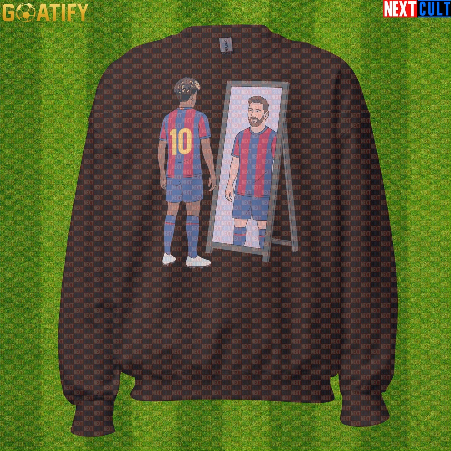 Lamine Yamal Sweatshirt – Next Messi Mirror Meme Crewneck for Spain Soccer Supporters Dark Chocolate Next Cult Brand