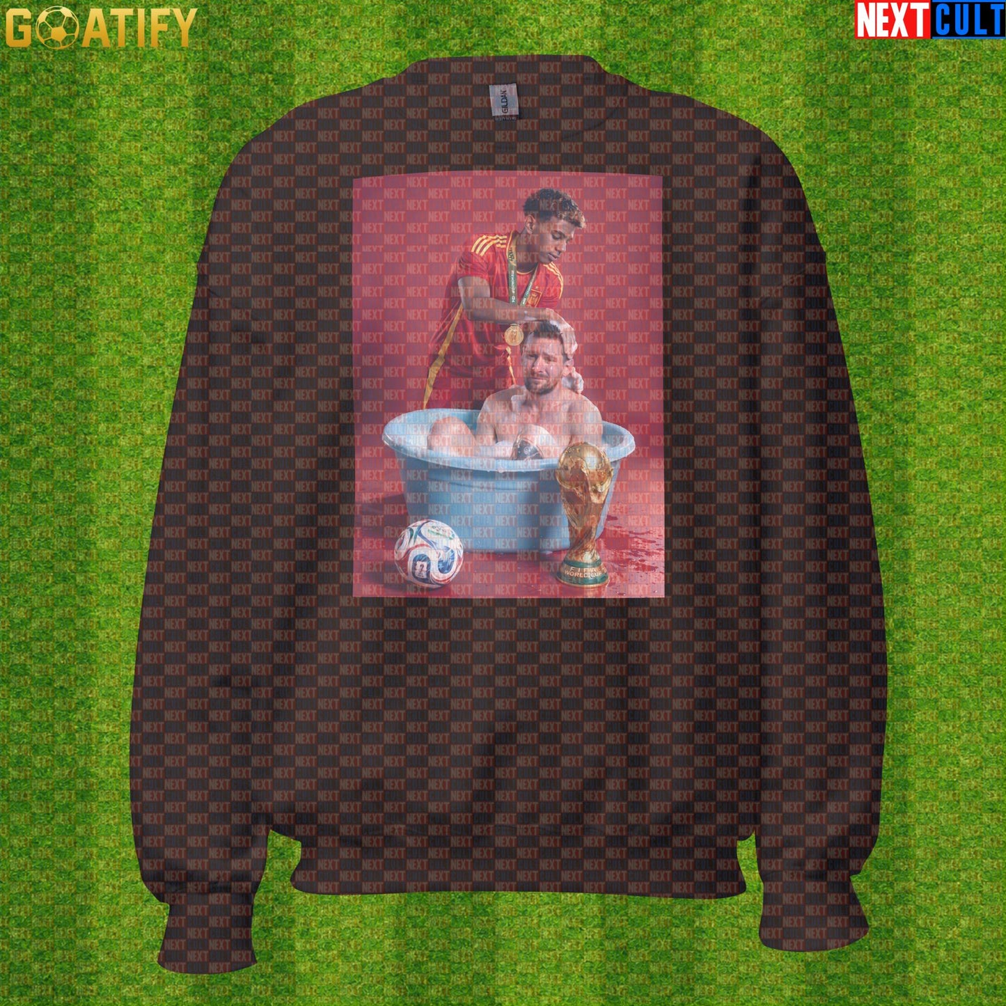 Lamine Yamal Sweatshirt – Reversed Messi Bath Meme Crewneck for Spain Football Fans |  | ["Argentina", "Barcelona", "Football", "Lamine Yamal", "Lionel Messi", "Soccer", "Spain"]