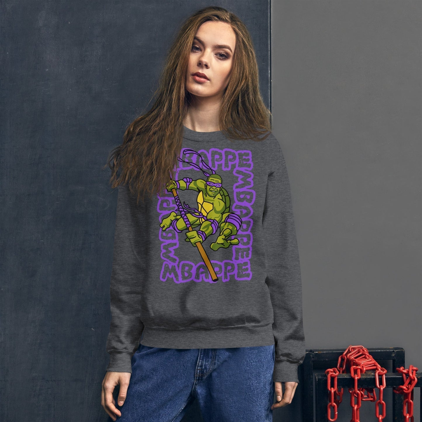 Kylian Mbappe Purple Ninja Turtle Donatello Unisex Sweatshirt Dark Heather Sweatshirts Football Kylian Mbappe Ninja Turtles PSG Real Madrid Next Cult Brand