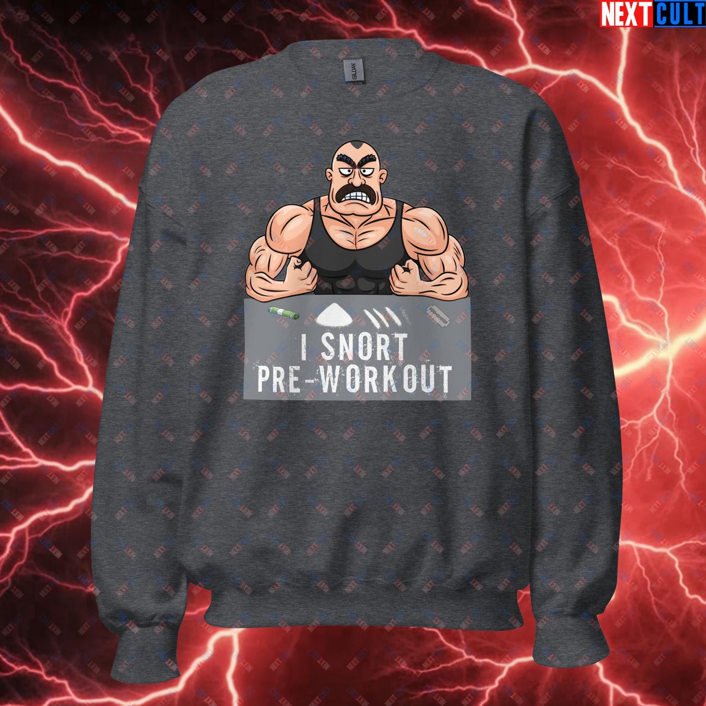 I Snort Pre-workout Gym Bro Fitness Bodybuilding Workout Weightlifting Powerlifting Funny Meme Cartoon Unisex Sweatshirt Dark Heather Sweatshirts Fitness Gym Workout Next Cult Brand