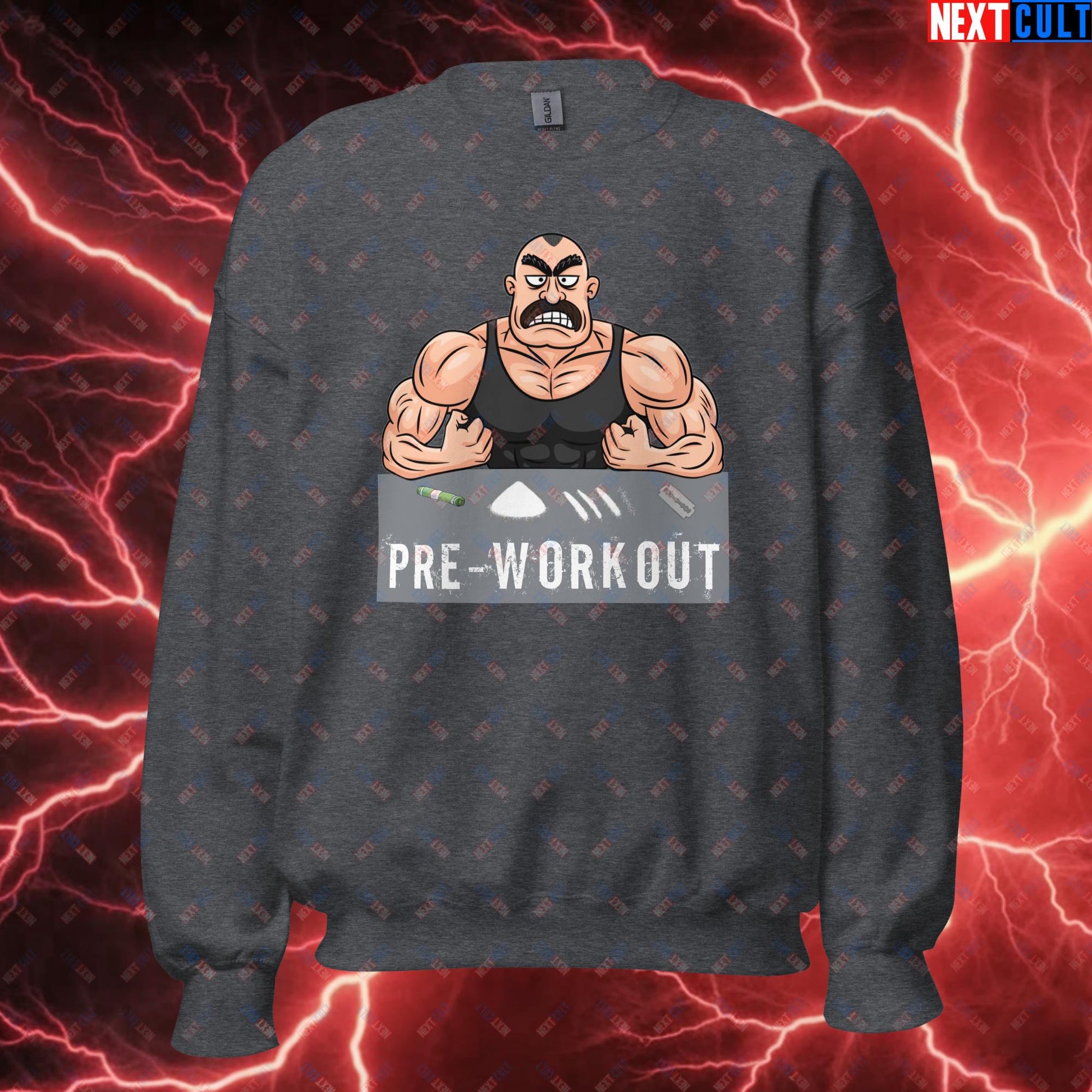 I Love Pre-workout Gym Bro Fitness Bodybuilding Workout Weightlifting Powerlifting Funny Meme Cartoon Unisex Sweatshirt Dark Heather Sweatshirts Fitness Gym Workout Next Cult Brand