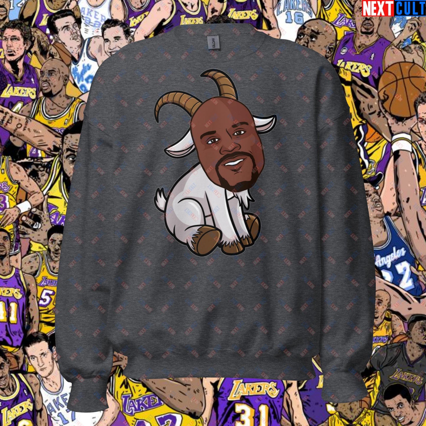 Shaquille O’Neal GOAT Sweatshirt - Shaq Basketball Meme Jumper - Greatest of All Time NBA Funny Cartoon Pullover for Basketball Fans - Perfect Gift for Shaq Lovers Unisex Sweatshirt Dark Heather Sweatshirts Basketball G.O.A.T. Los Angeles Lakers NBA Orlando Magic Shaq Next Cult Brand