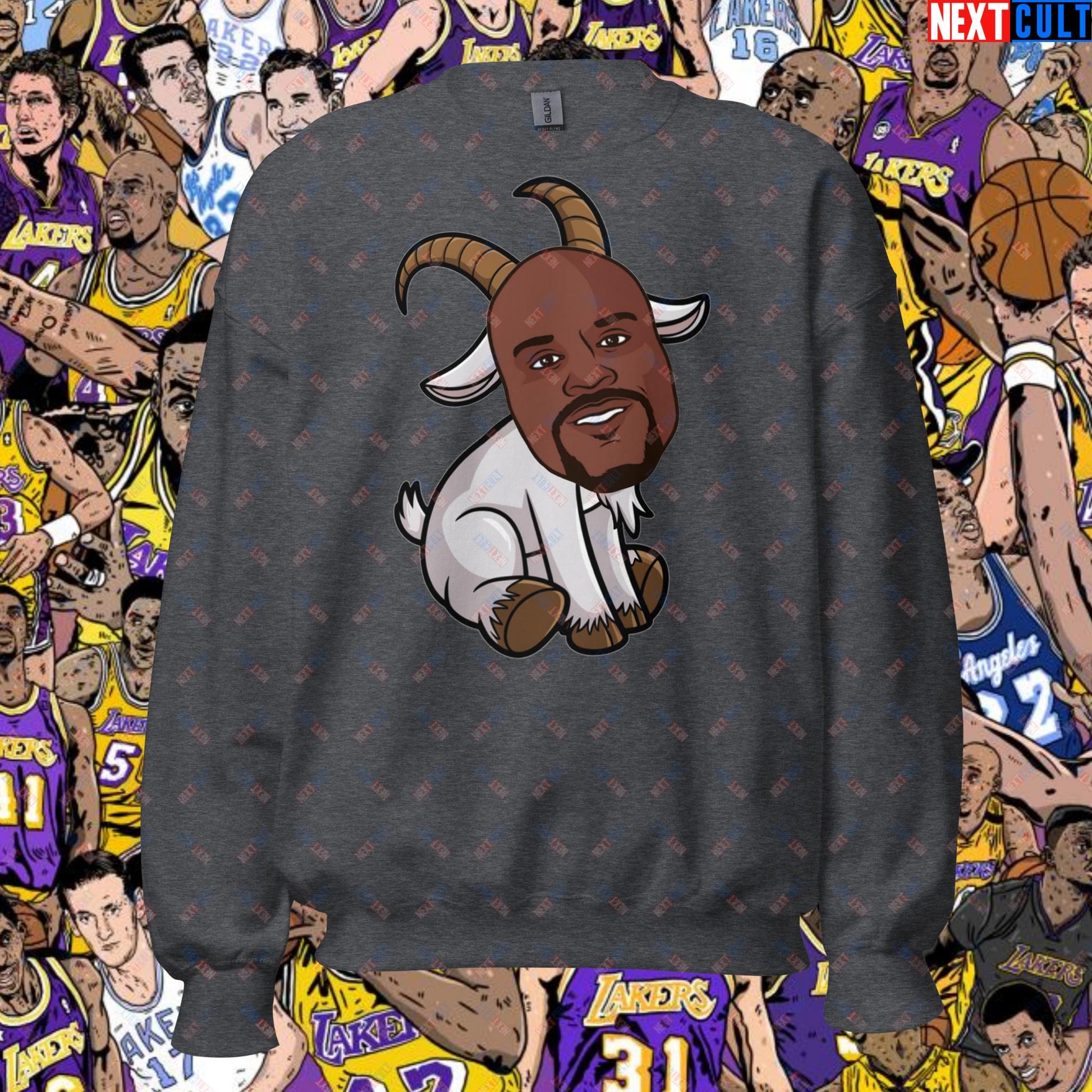 Shaquille O’Neal GOAT Sweatshirt - Shaq Basketball Meme Jumper - Greatest of All Time NBA Funny Cartoon Pullover for Basketball Fans - Perfect Gift for Shaq Lovers Unisex Sweatshirt Dark Heather Sweatshirts Basketball G.O.A.T. Los Angeles Lakers NBA Orlando Magic Shaq Next Cult Brand