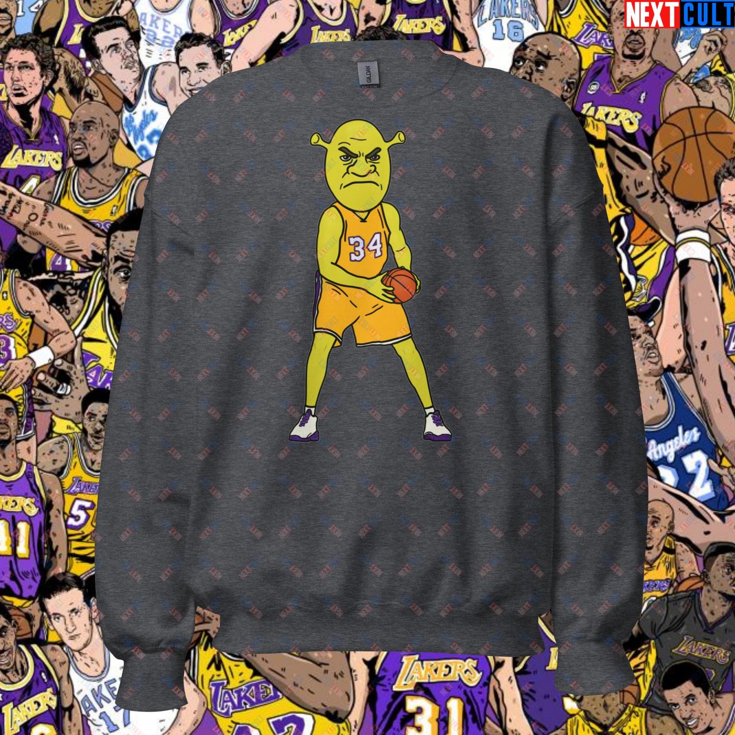 Shrequille O'Neal Sweatshirt - Shaquille O'Neal as Shrek Funny Basketball Meme Pullover - Perfect Gift for Basketball Fans and Shrek Lovers Unisex Sweatshirt Dark Heather Sweatshirts Basketball Los Angeles Lakers NBA Shaq Shrek Next Cult Brand