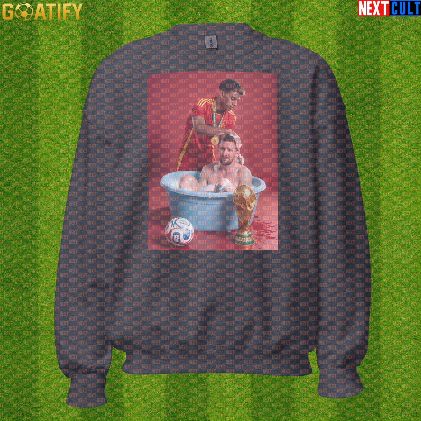 Lamine Yamal Sweatshirt – Reversed Messi Bath Meme Crewneck for Spain Football Fans |  | ["Argentina", "Barcelona", "Football", "Lamine Yamal", "Lionel Messi", "Soccer", "Spain"]