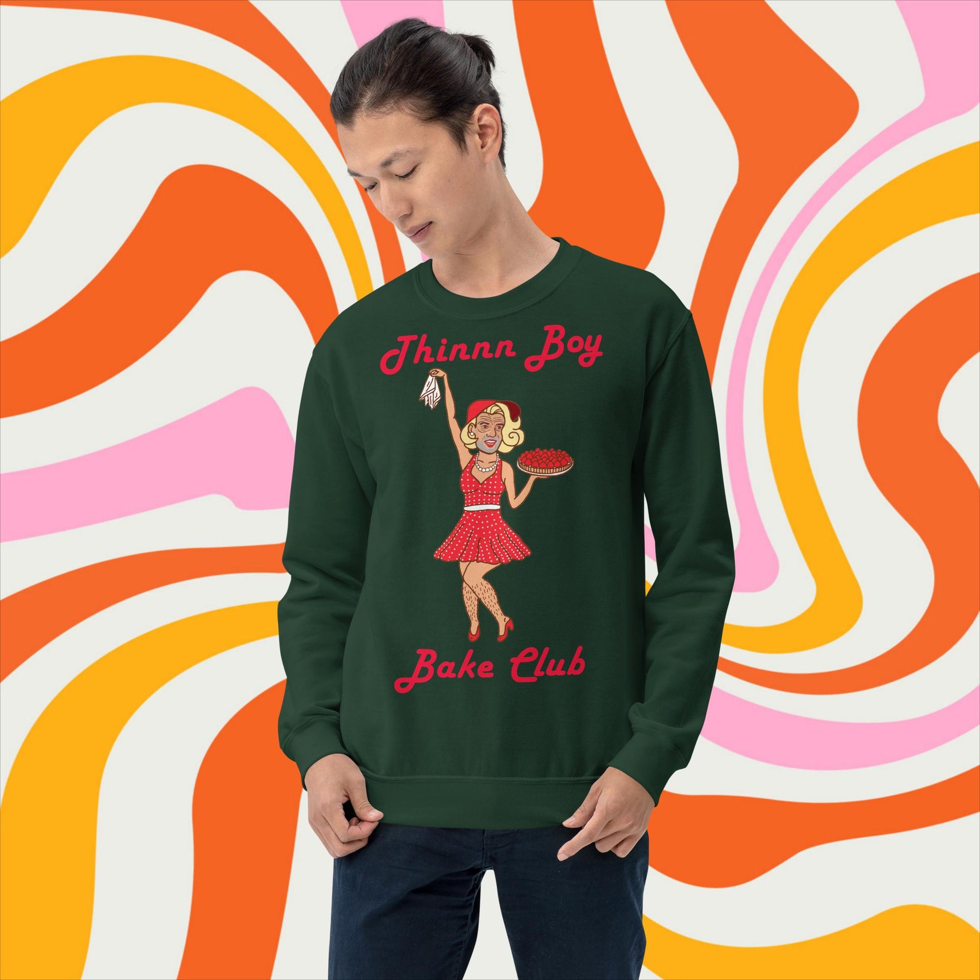 Thinnn Boy Bake Club The Fighter and The Kid TFATK Podcast Comedy 60s retro housewife Bryan Callen Unisex Sweatshirt Forest Green Sweatshirts Bryan Callen Podcasts Stand-up Comedy The Fighter and The Kid (TFATK) Thinnn Boy Bake Club Next Cult Brand