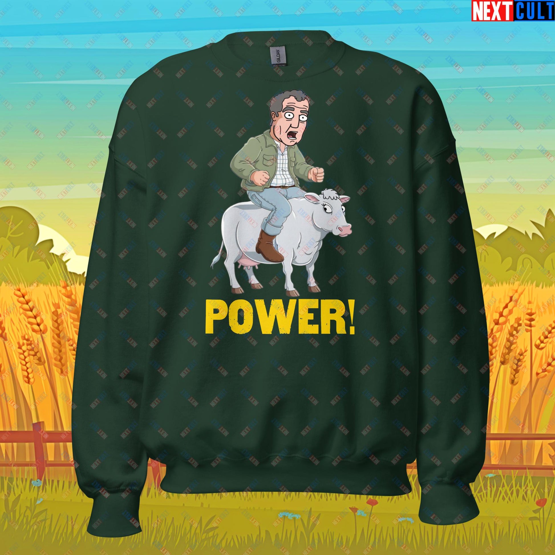 Speed and Power Pepper Cow Jeremy Clarkson's Farm Diddly Squat Grand Tour Top Gear Funny Meme Cartoon Unisex Sweatshirt Forest Green Sweatshirts Clarkson's Farm Grand Tour Jeremy Clarkson Top Gear TV Shows Next Cult Brand