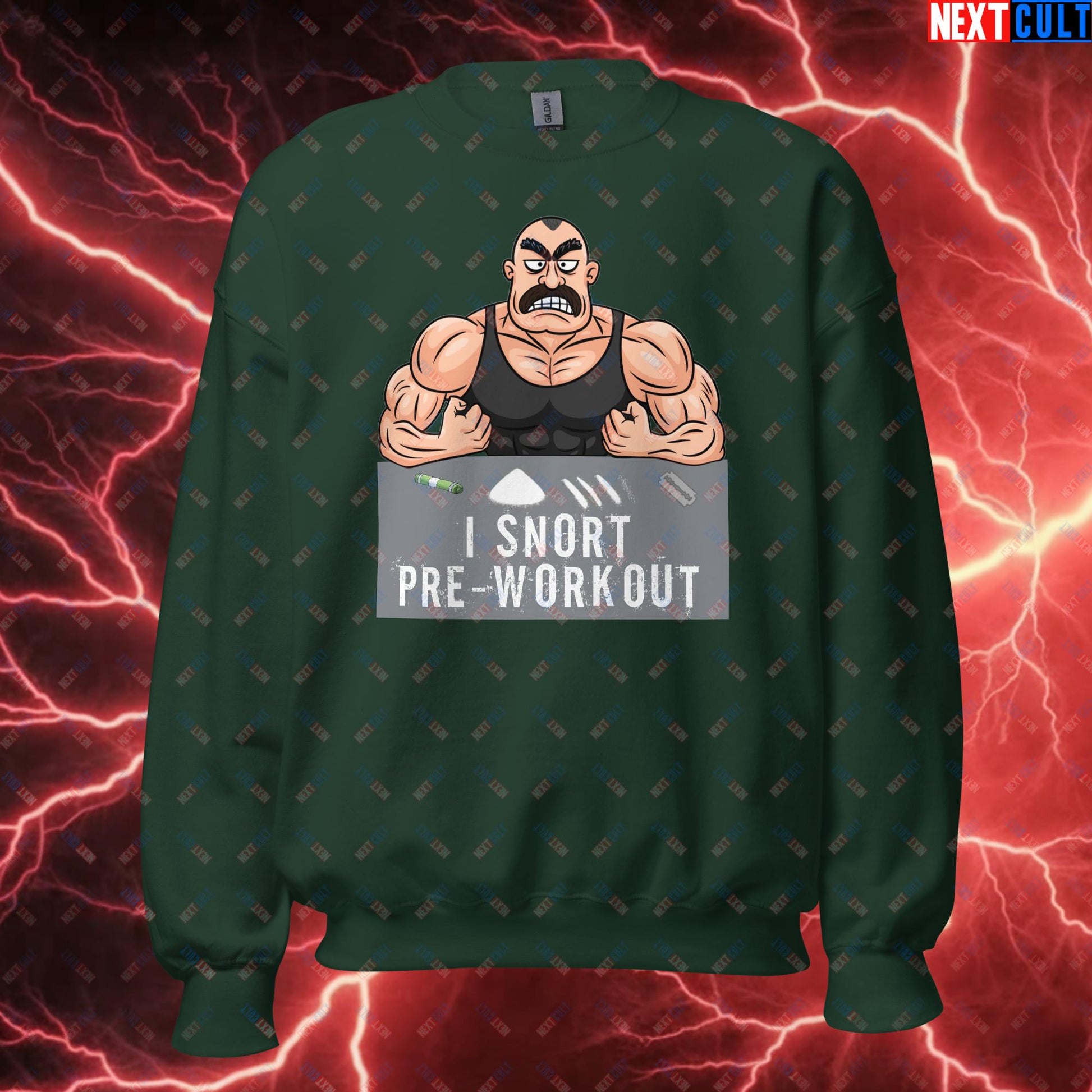 I Snort Pre-workout Gym Bro Fitness Bodybuilding Workout Weightlifting Powerlifting Funny Meme Cartoon Unisex Sweatshirt Forest Green Sweatshirts Fitness Gym Workout Next Cult Brand