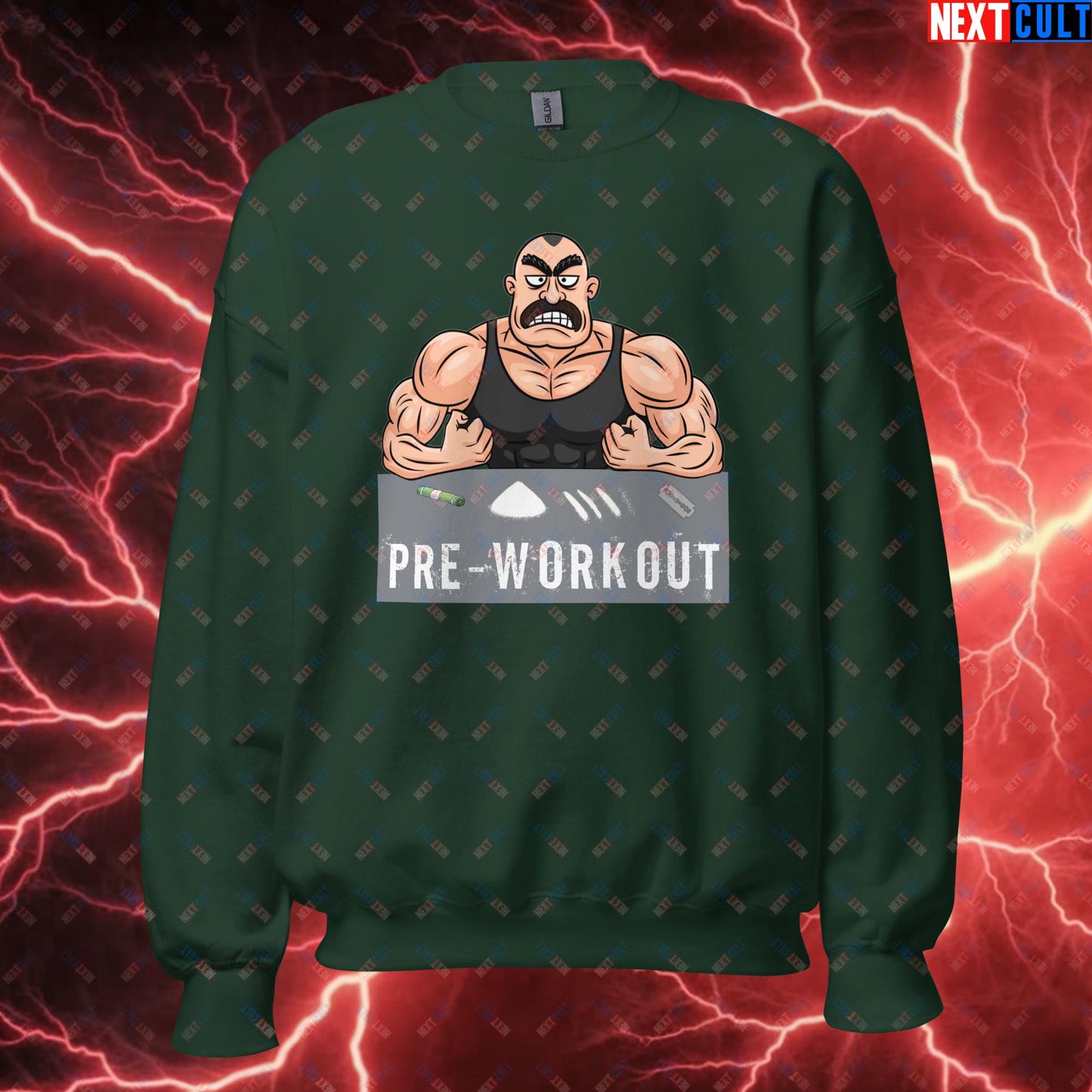 I Love Pre-workout Gym Bro Fitness Bodybuilding Workout Weightlifting Powerlifting Funny Meme Cartoon Unisex Sweatshirt Forest Green Sweatshirts Fitness Gym Workout Next Cult Brand