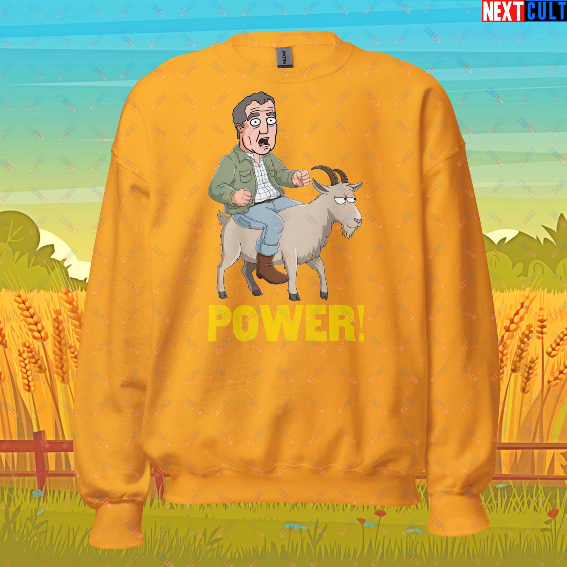 Speed and Power Goat Jeremy Clarkson's Farm Diddly Squat Grand Tour Top Gear Funny Meme Cartoon Unisex Sweatshirt Gold Sweatshirts Clarkson's Farm Grand Tour Jeremy Clarkson Top Gear TV Shows Next Cult Brand