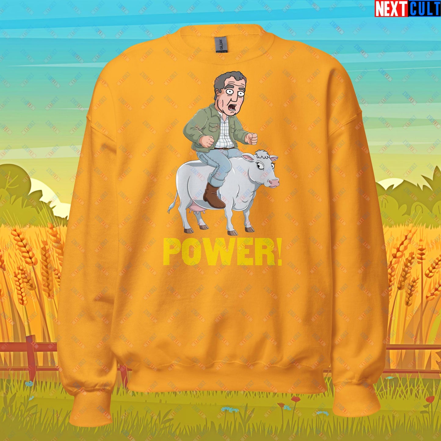 Speed and Power Pepper Cow Jeremy Clarkson's Farm Diddly Squat Grand Tour Top Gear Funny Meme Cartoon Unisex Sweatshirt Gold Sweatshirts Clarkson's Farm Grand Tour Jeremy Clarkson Top Gear TV Shows Next Cult Brand