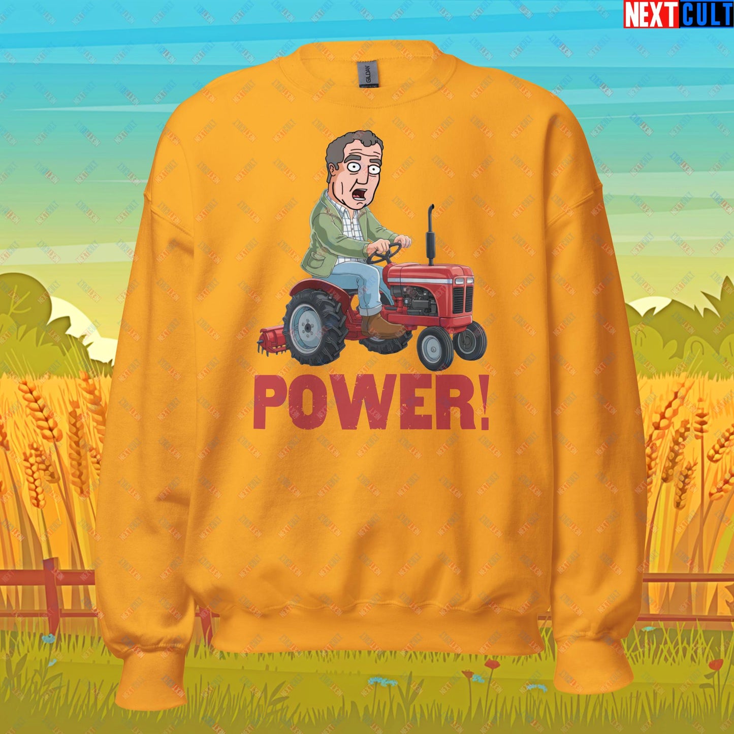 Speed and Power Tractor Jeremy Clarkson's Farm Diddly Squat Grand Tour Top Gear Funny Meme Cartoon Unisex Sweatshirt Gold Sweatshirts Clarkson's Farm Grand Tour Jeremy Clarkson Top Gear TV Shows Next Cult Brand