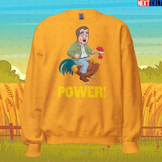 Power Rooster Chicken Farming Jeremy Clarkson's Farm Diddly Squat Grand Tour Top Gear Funny Meme Cartoon Unisex Sweatshirt Gold Sweatshirts Clarkson's Farm Grand Tour Jeremy Clarkson Top Gear TV Shows Next Cult Brand