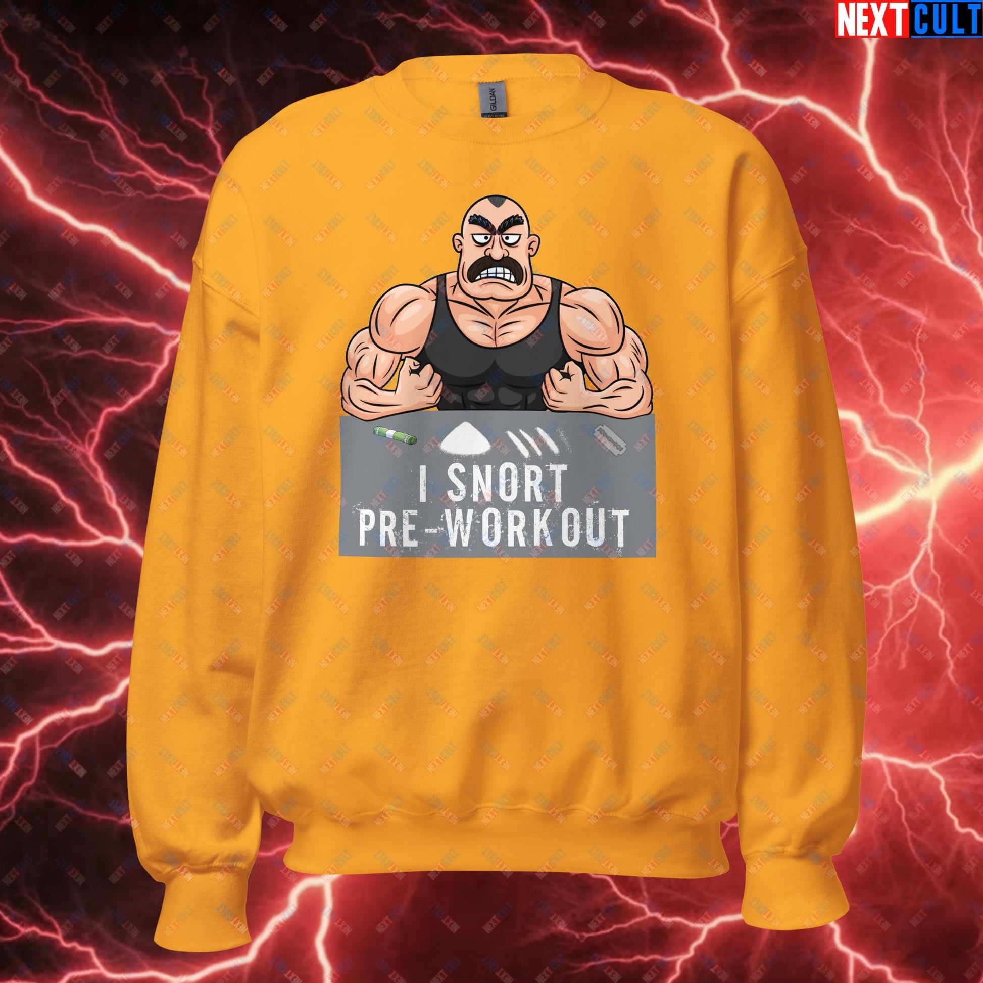 I Snort Pre-workout Gym Bro Fitness Bodybuilding Workout Weightlifting Powerlifting Funny Meme Cartoon Unisex Sweatshirt Gold Sweatshirts Fitness Gym Workout Next Cult Brand