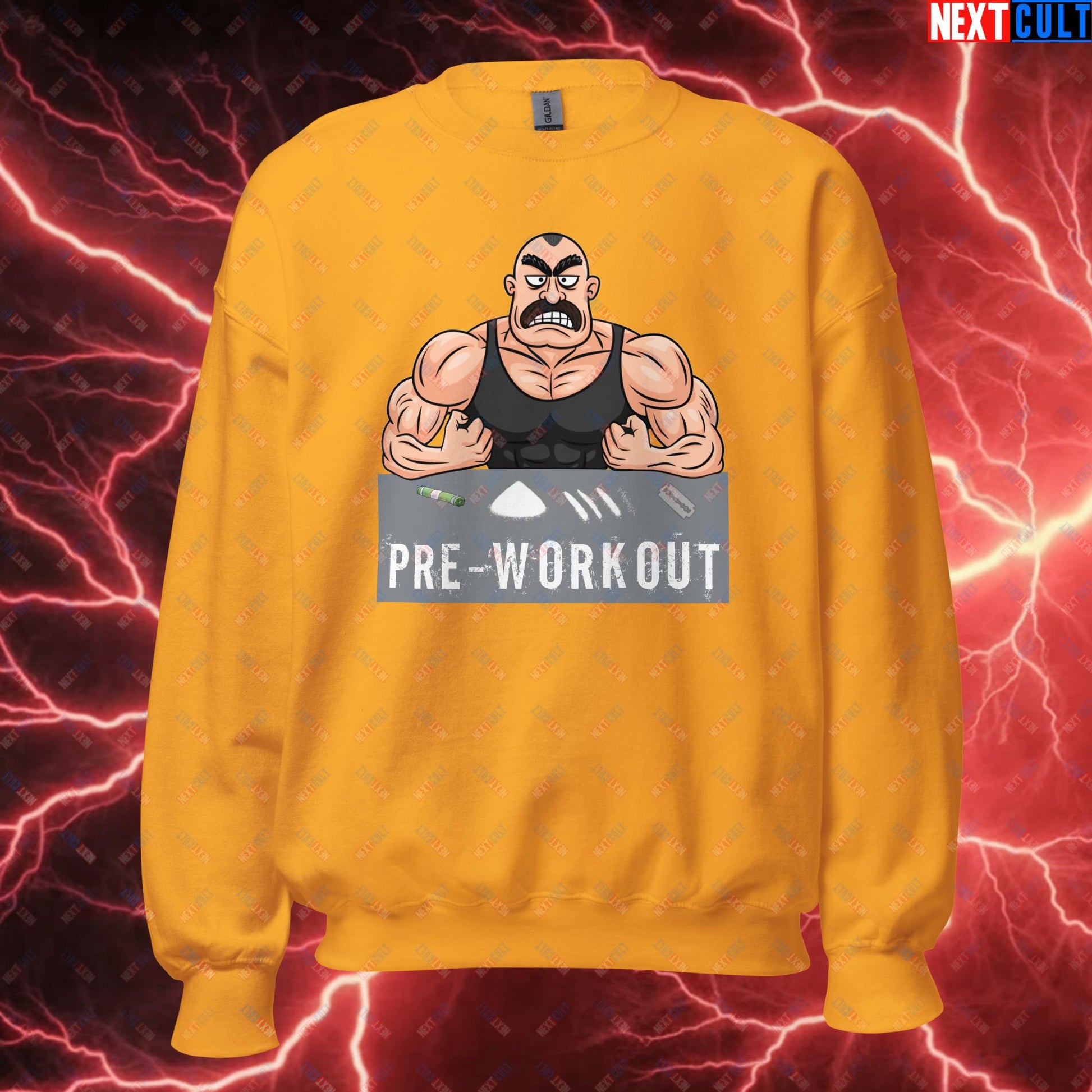 I Love Pre-workout Gym Bro Fitness Bodybuilding Workout Weightlifting Powerlifting Funny Meme Cartoon Unisex Sweatshirt Gold Sweatshirts Fitness Gym Workout Next Cult Brand