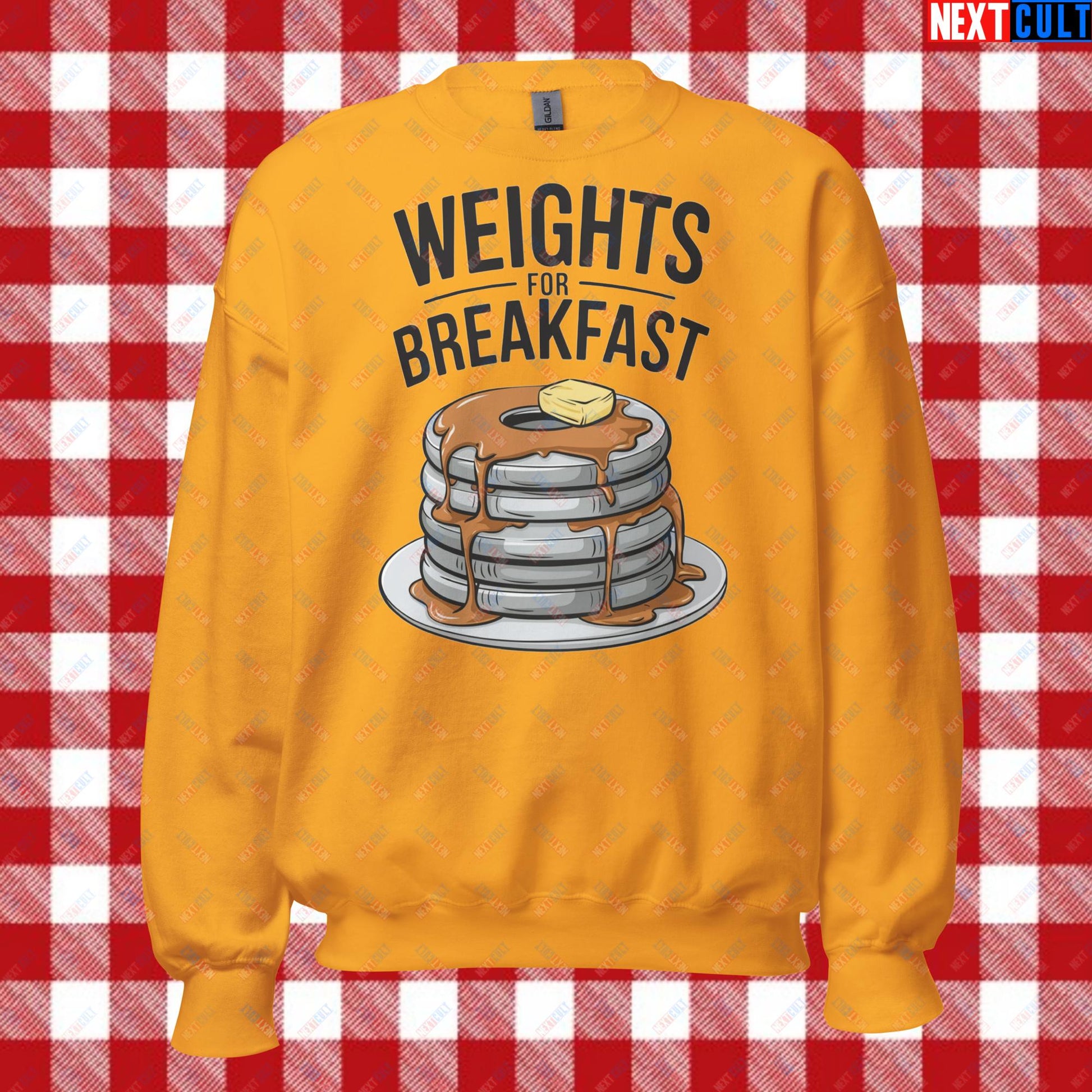 Weights For Breakfast Pancake Weights Funny Gym Workout Fitness Lifting Meme Cartoon Unisex Sweatshirt Gold Sweatshirts Bodybuilding Bulking Fitness Gym Workout Next Cult Brand