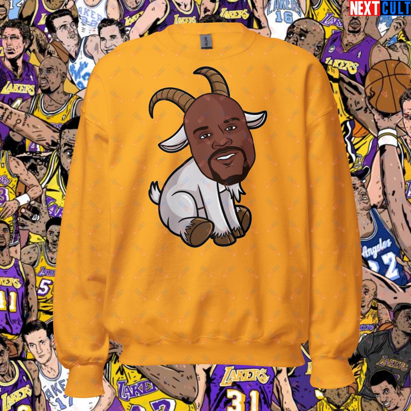 Shaquille O’Neal GOAT Sweatshirt - Shaq Basketball Meme Jumper - Greatest of All Time NBA Funny Cartoon Pullover for Basketball Fans - Perfect Gift for Shaq Lovers Unisex Sweatshirt Gold Sweatshirts Basketball G.O.A.T. Los Angeles Lakers NBA Orlando Magic Shaq Next Cult Brand