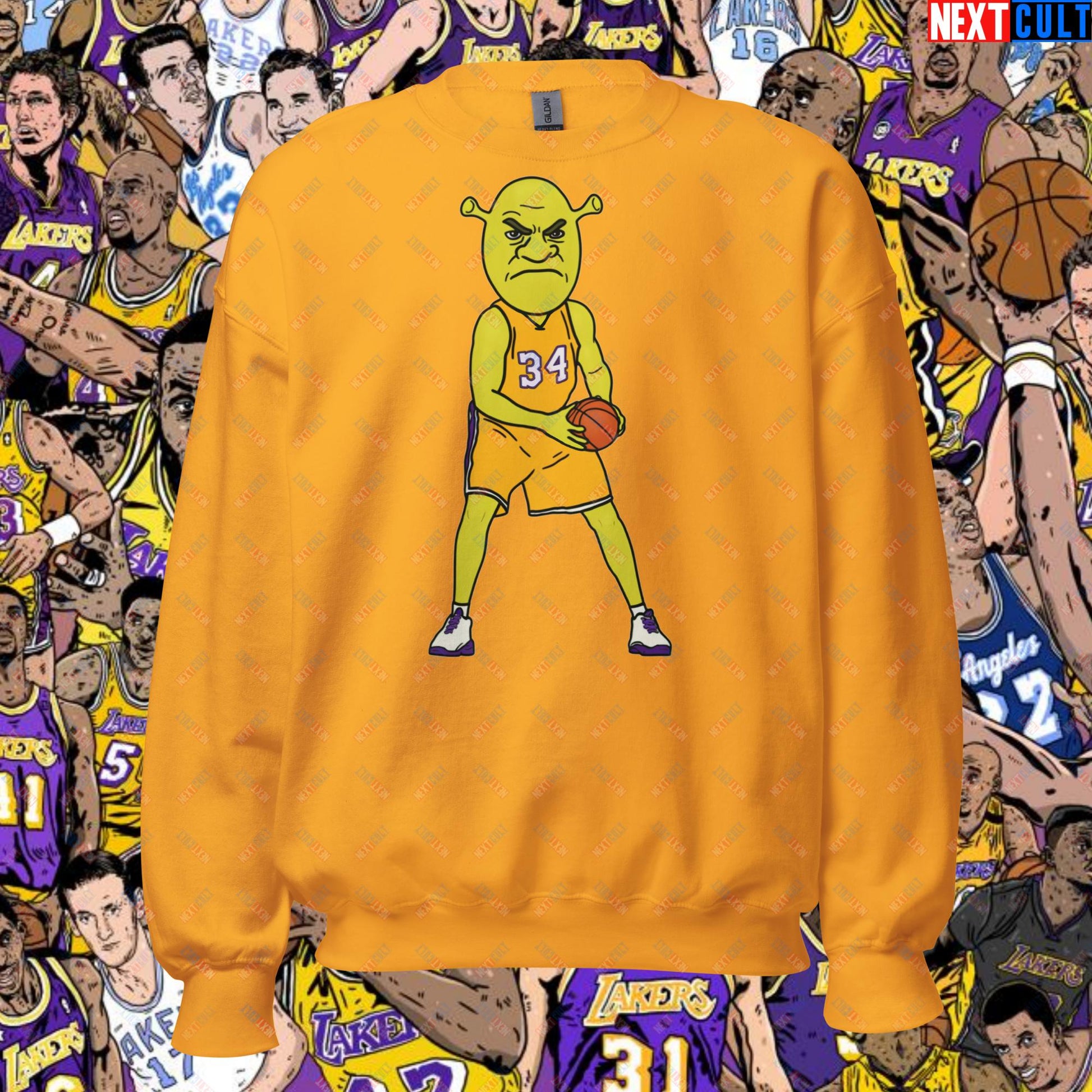 Shrequille O'Neal Sweatshirt - Shaquille O'Neal as Shrek Funny Basketball Meme Pullover - Perfect Gift for Basketball Fans and Shrek Lovers Unisex Sweatshirt Gold Sweatshirts Basketball Los Angeles Lakers NBA Shaq Shrek Next Cult Brand