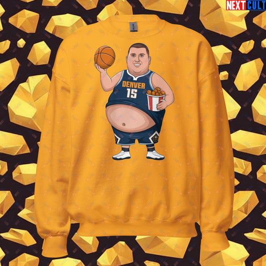 Fat Jokic Denver Nuggets Sweatshirt - Funny Basketball Meme Jumper - Big Jokic Dominance Pullover for Basketball Fans - Perfect Gift for Jokic Fans Unisex Sweatshirt Gold Sweatshirts Basketball Denver Nuggets NBA Nikola Jokic Next Cult Brand