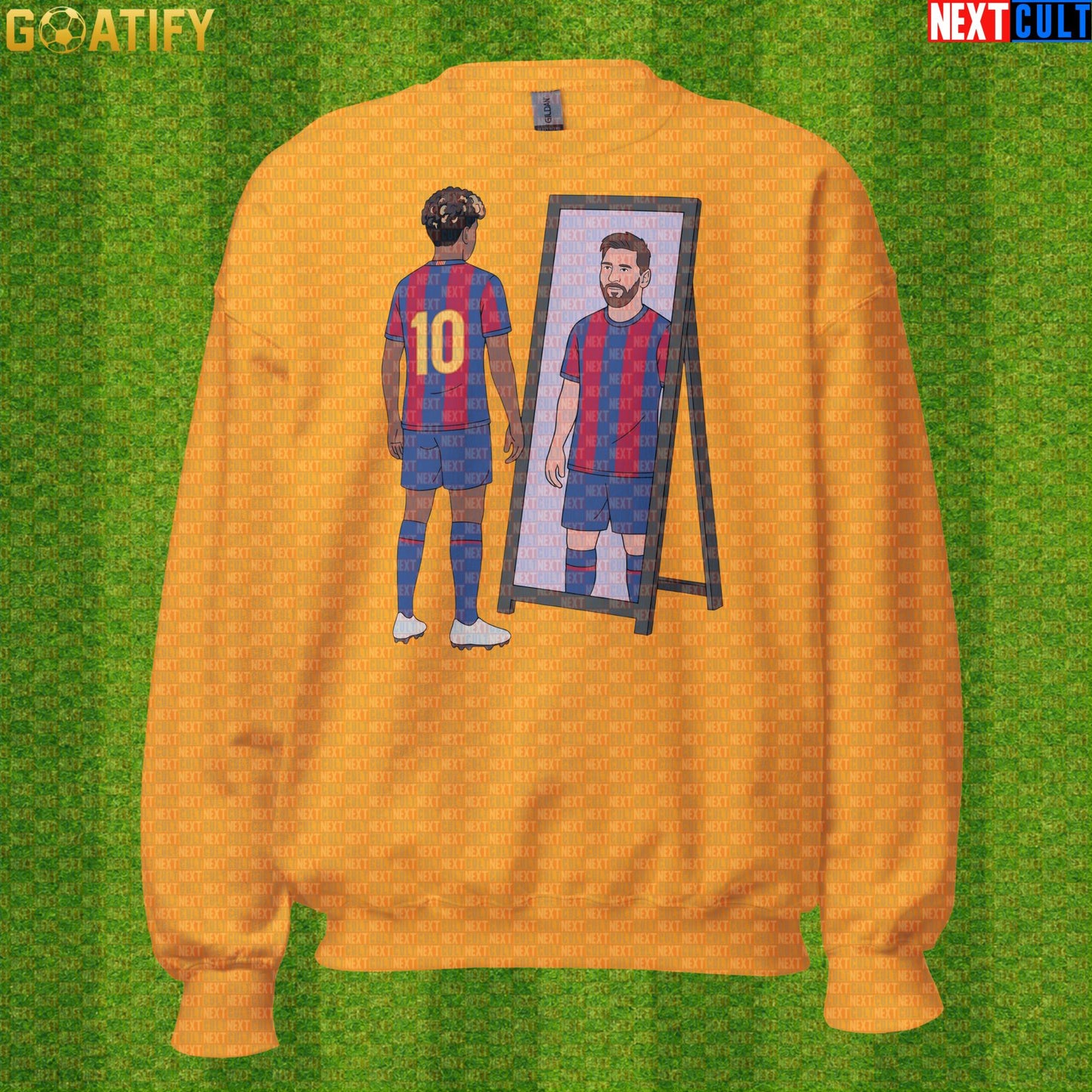 Lamine Yamal Sweatshirt – Next Messi Mirror Meme Crewneck for Spain Soccer Supporters Gold Next Cult Brand