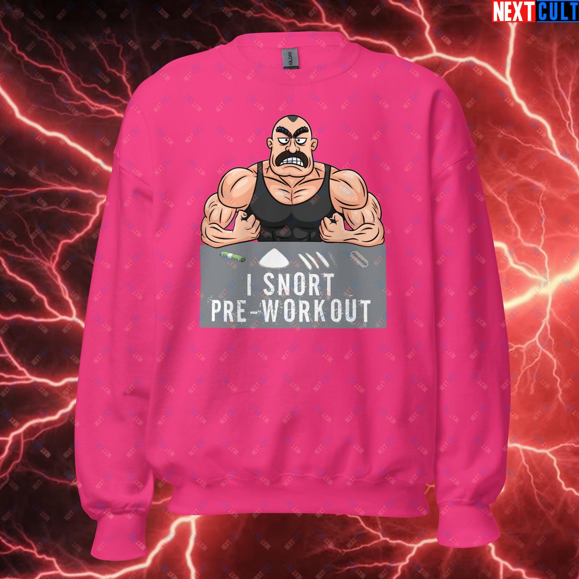 I Snort Pre-workout Gym Bro Fitness Bodybuilding Workout Weightlifting Powerlifting Funny Meme Cartoon Unisex Sweatshirt Heliconia Sweatshirts Fitness Gym Workout Next Cult Brand